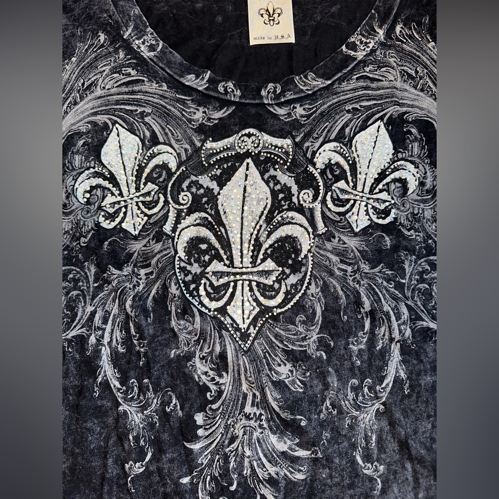 Vocal Women’s Long Sleeve Top Black Gray Fleur De Lis Embellished Made in USA - Picture 3 of 9